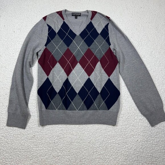 Express Mens Argyle V Neck Merino Wool Pullover Sweater Size M Preppy Stretch - Picture 1 of 4
